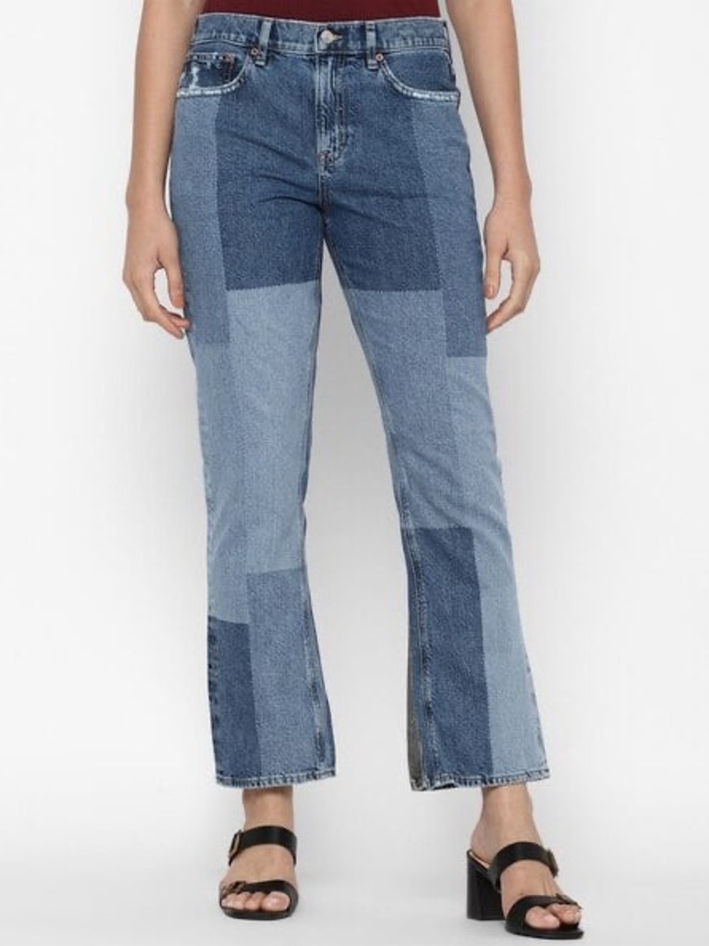 American Eagle Patchwork 90s bootcut Jeans Colorblock Blue Denim Boho size 6